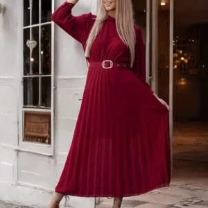 Plisowana długa sukienka Sandra z paskiem