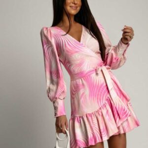 Sukienka crystal w różowe wzory z wiązaniem i delikatną falbanką na dole